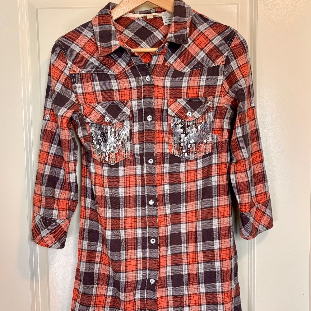 Miss Me Juniors Flannel Shirt‎ Tunic Top Size S Cotton Soft Sequins Orange Plaid